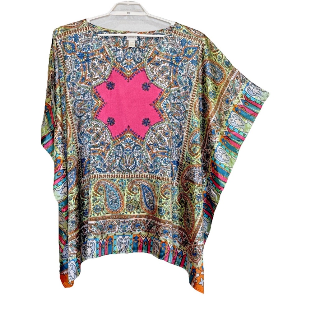 Chico's Tunic Top Womens Sz S/M Multi Color Paisley Satin Short Butterfly Sleeve